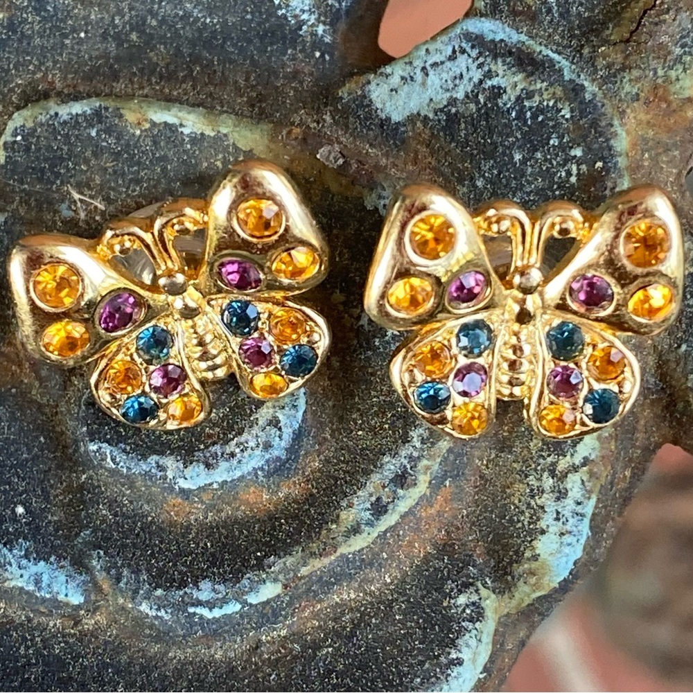 JOAN RIVERS BUTTERFLY EARRINGS WITH MULTICOLORED CRYSTALS FOR PIERCED EARS - Picture 3 of 6